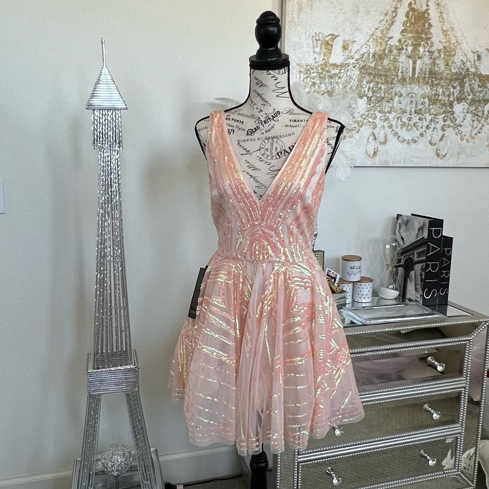 Bebe Iridescent Sequins Fit Flare Party Dress
